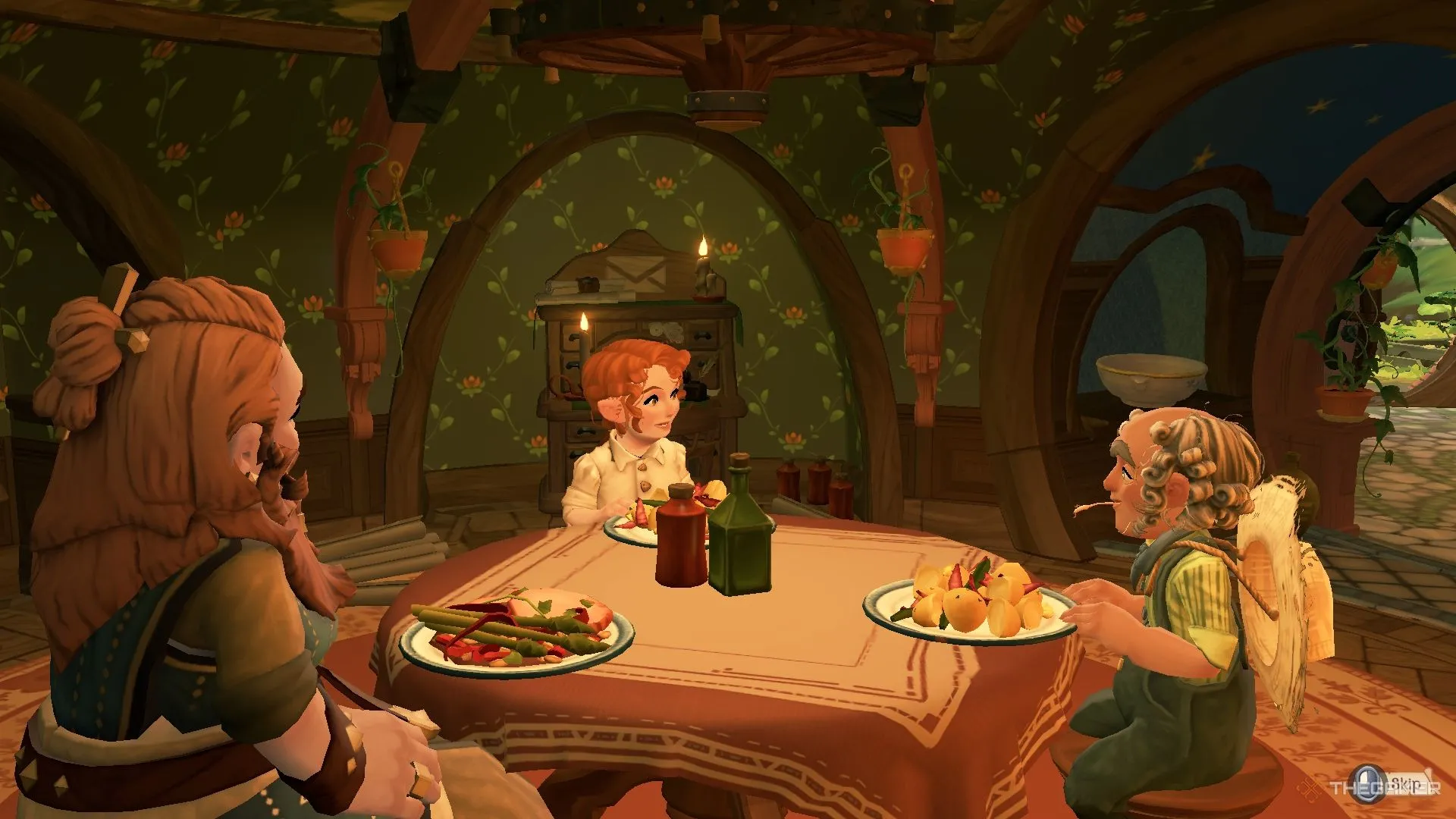Nhân vật Hobbit và người lùn cùng chia sẻ bữa ăn ấm cúng trong Tales of the Shire, thể hiện cơ chế tăng tình bạn qua ẩm thực.
