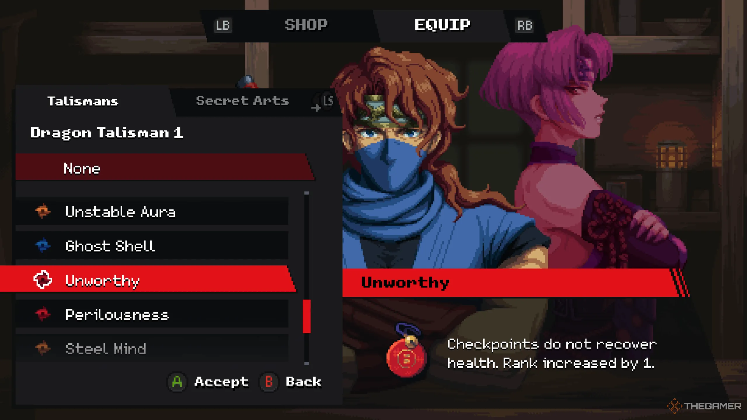Nhân vật Kenji trang bị bùa hộ mệnh Unworthy Talisman trong cửa hàng Muramasa của Ninja Gaiden Ragebound