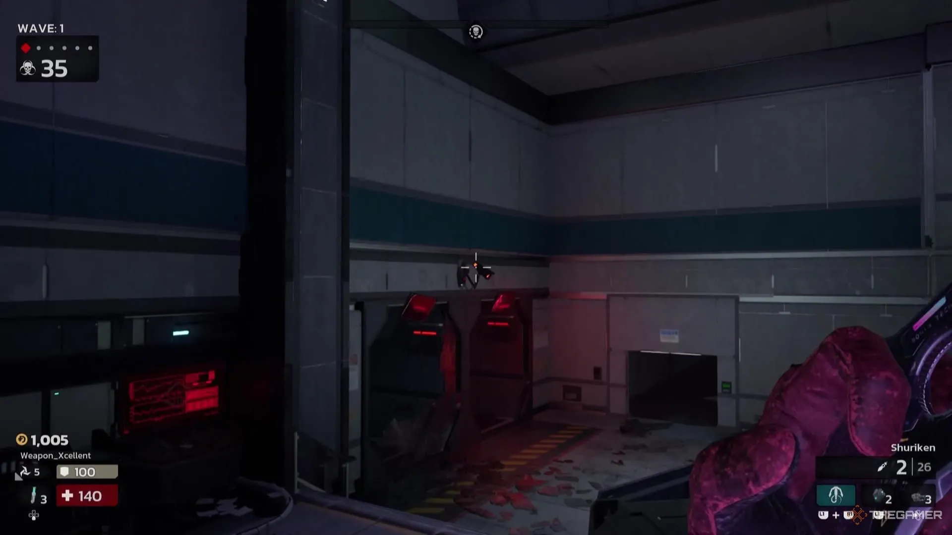 Nhân vật nhắm bắn vào một camera quan sát trong môi trường Killing Floor 3, minh họa cách thu thập tài nguyên.