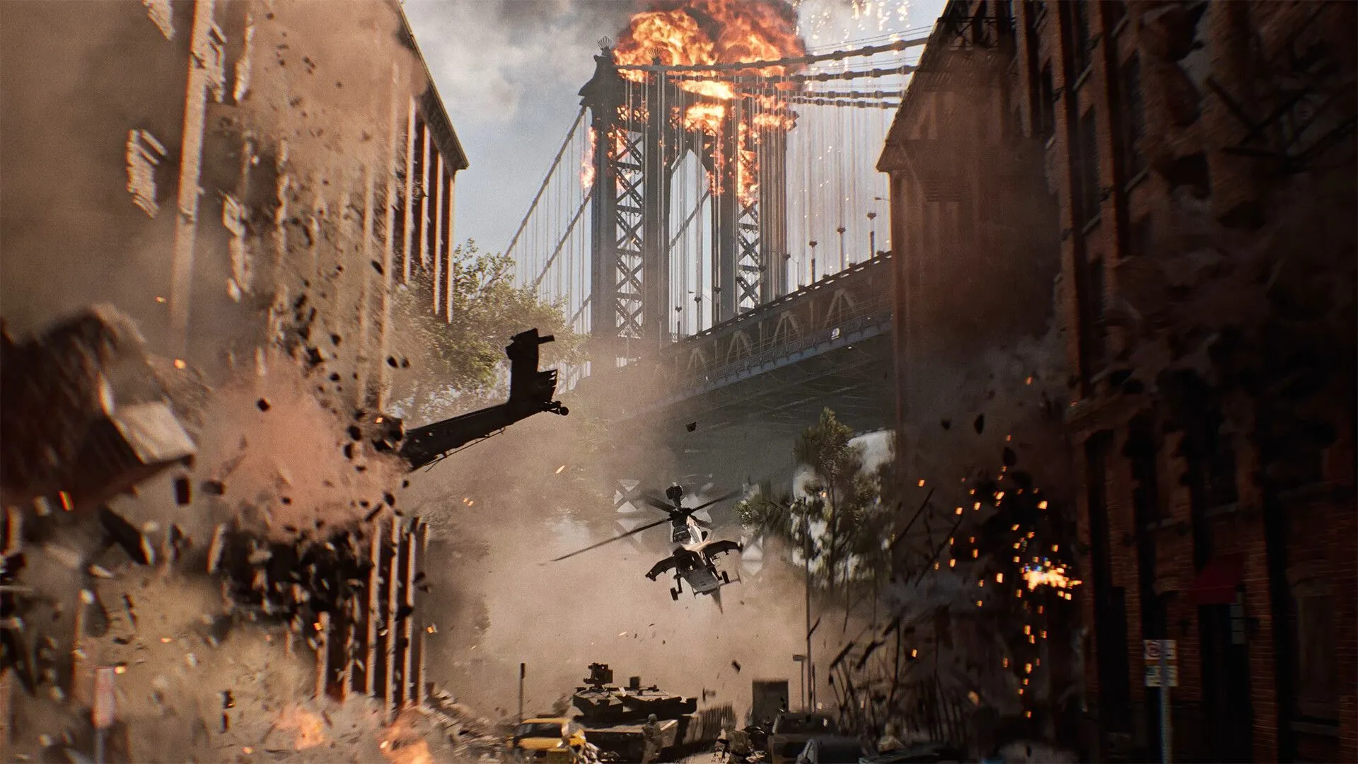 Quang cảnh bản đồ rộng lớn với các công trình bị phá hủy trong Battlefield 6, minh họa cơ chế Tactical Destruction.