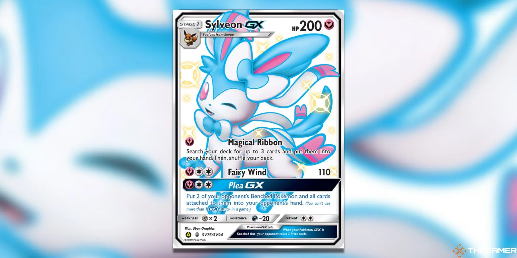 Sylveon GX Shiny Holo Rare từ Hidden Fates Shiny Vault, nổi bật với màu sắc kẹo bông tuyệt đẹp.
