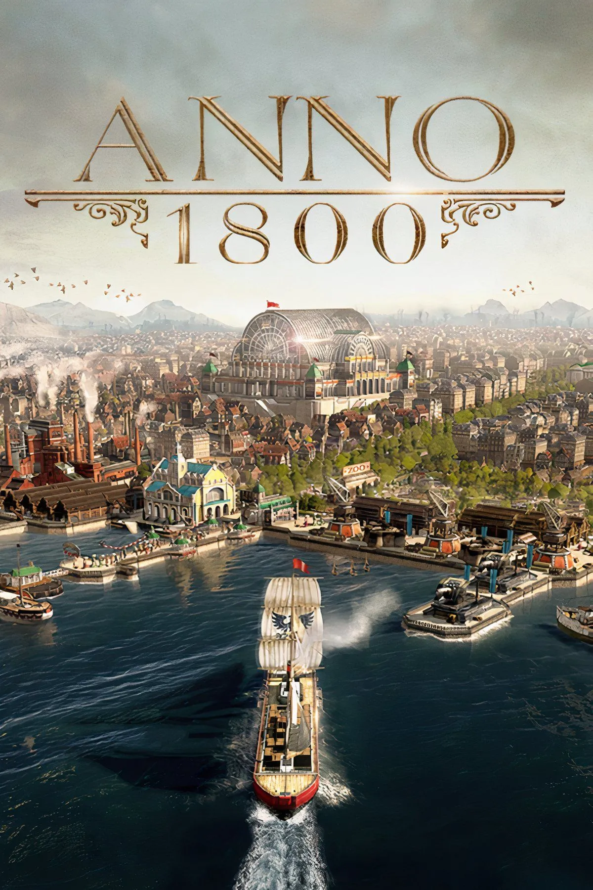 Thành phố công nghiệp sầm uất với những nhà máy và tàu thuyền trong Anno 1800, thể hiện sự phức tạp của quản lý tài nguyên.