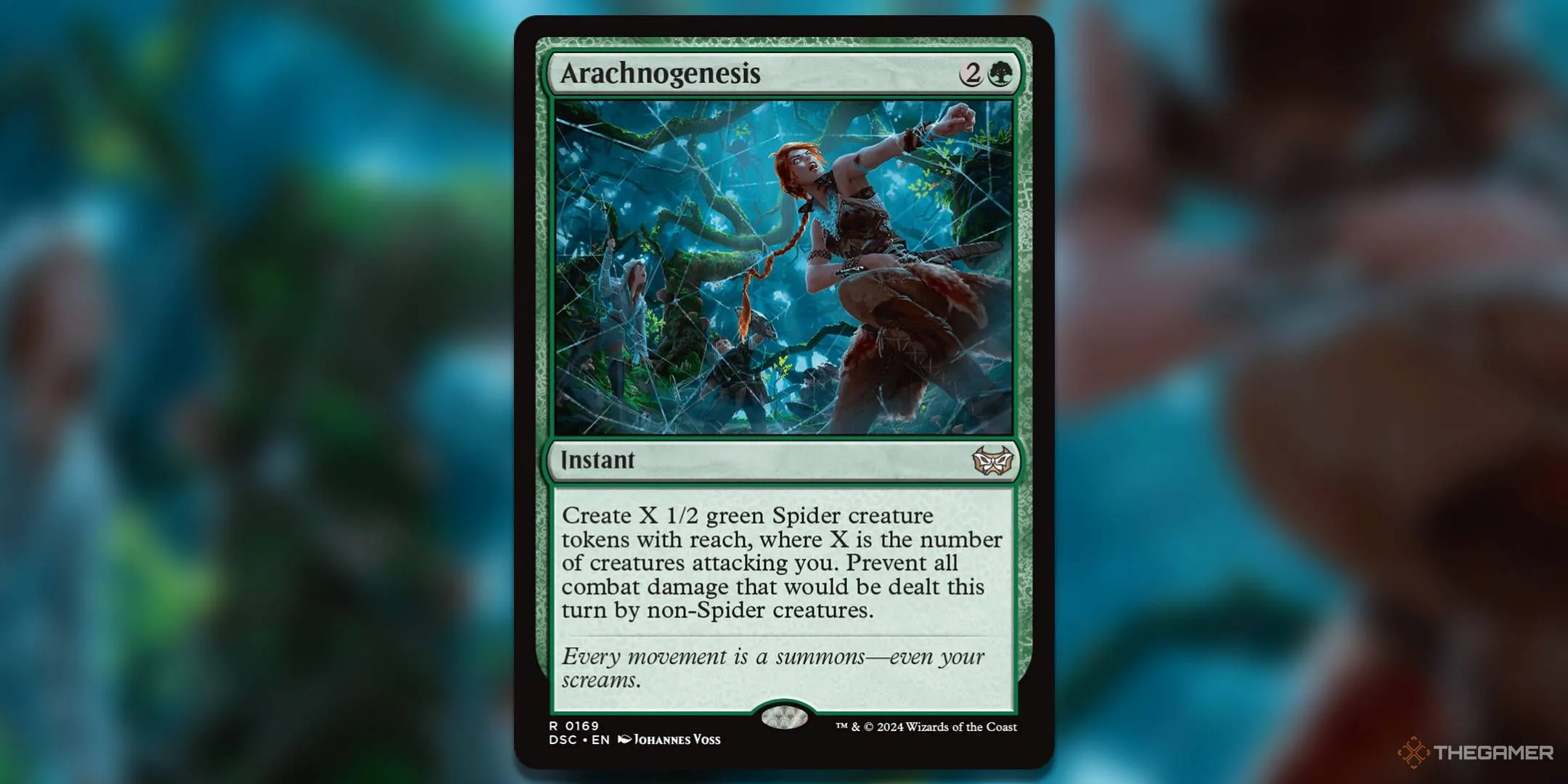 Thẻ bài Arachnogenesis trong Magic The Gathering với hình ảnh một mạng nhện và những sinh vật đang bị mắc kẹt.