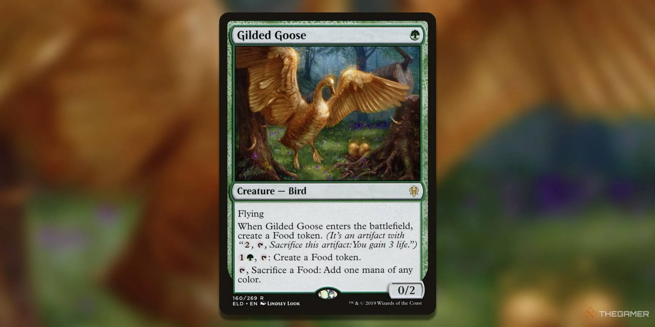 Thẻ bài Gilded Goose từ Magic The Gathering với hình ảnh một chú ngỗng vàng đang đậu.