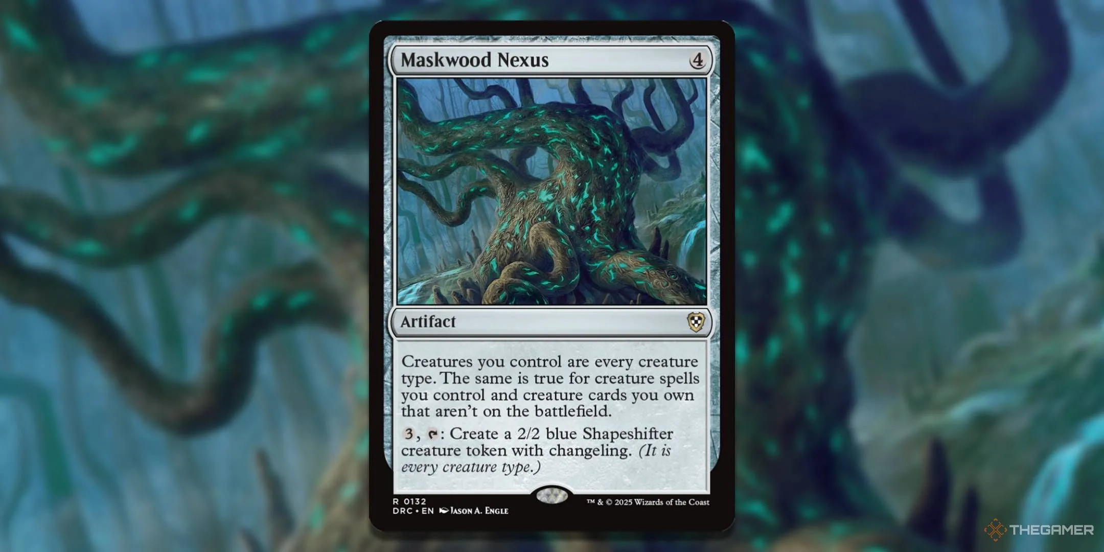 Thẻ bài Maskwood Nexus trong Magic The Gathering hiển thị hình ảnh và hiệu ứng thay đổi loại sinh vật.