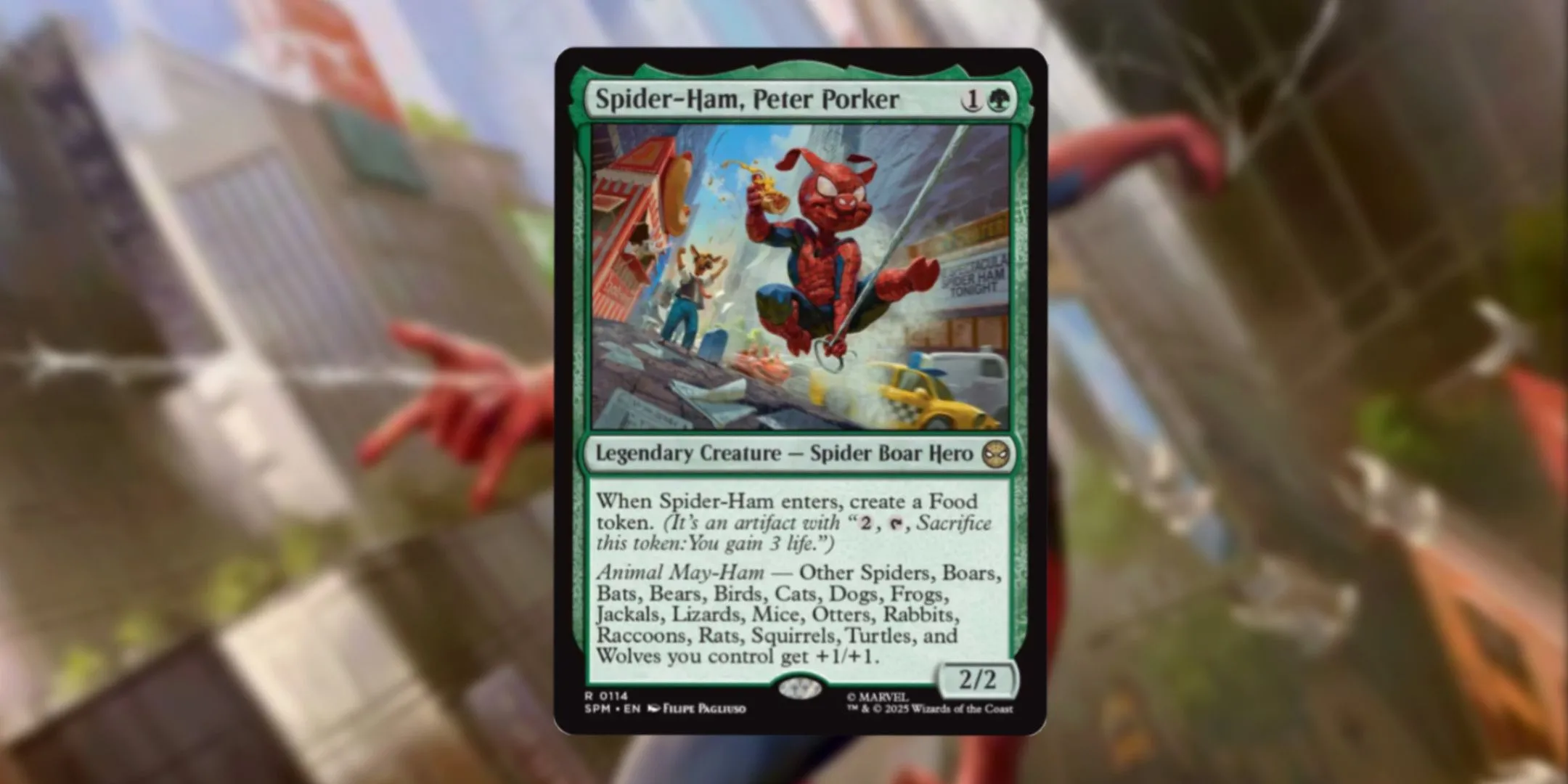 Thẻ bài Spider-Ham Peter Porker từ Magic The Gathering với hiệu ứng buff nhiều loại sinh vật.