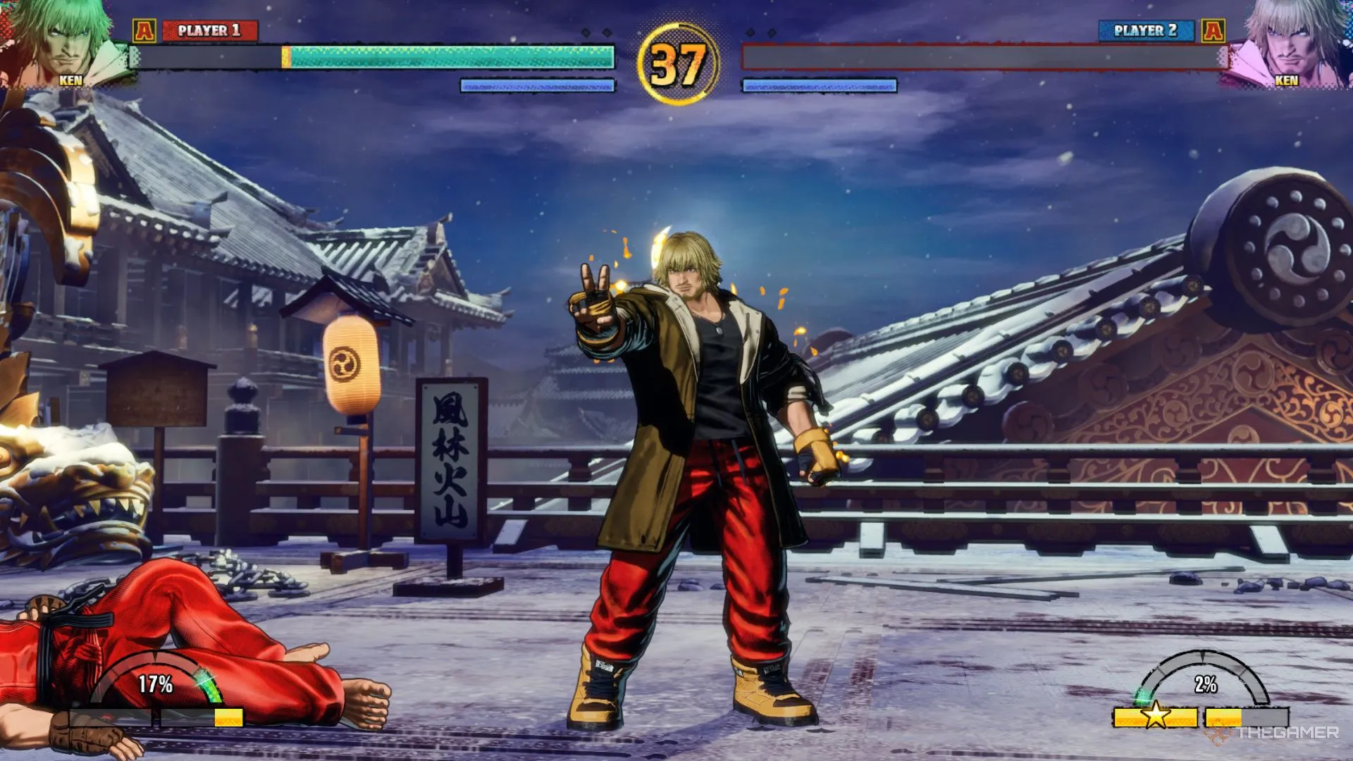 Tư thế chiến thắng của Ken trong Fatal Fury: City of the Wolves, biểu tượng cho sức mạnh và sự tự tin của nhân vật.