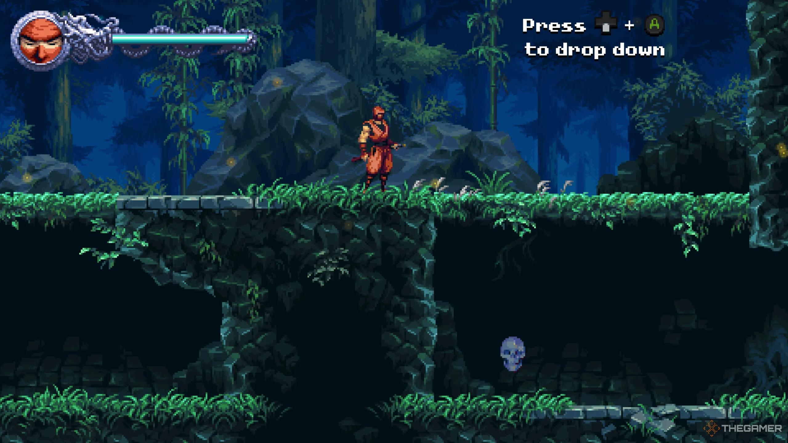 Vị trí Crystal Skull đầu tiên ở màn P1 The Tragic Duel của Ninja Gaiden Ragebound, nằm ngay cạnh điểm hướng dẫn kỹ năng rơi xuống.