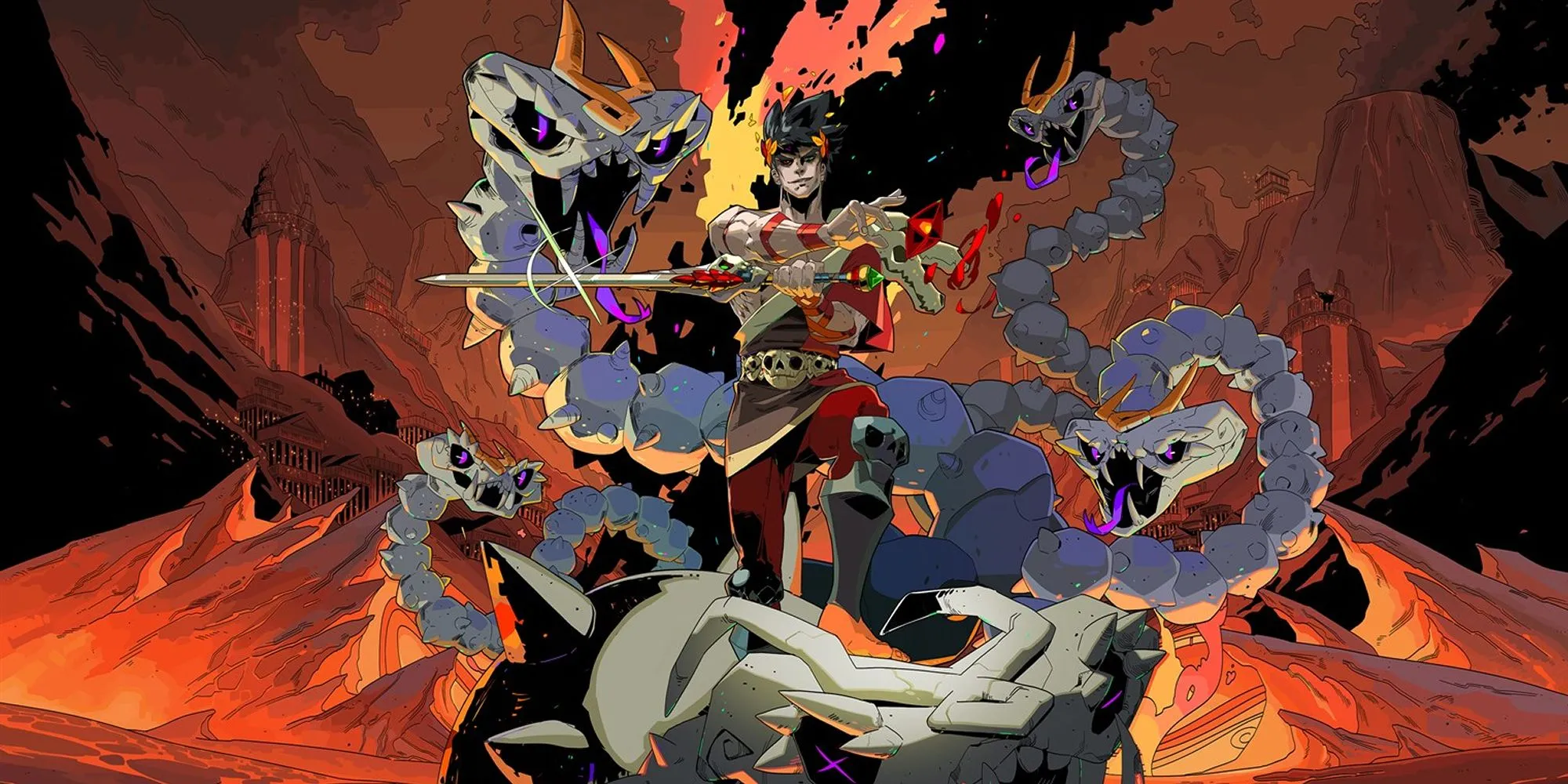 Zagreus đứng trên đầu Hydra đã bị đánh bại trong Hades.